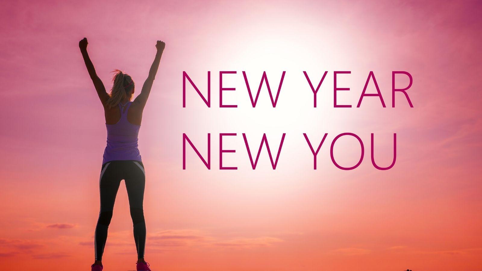 Image of a woman with raised hands looking happy on a pink background with the inscription new year new you to her right