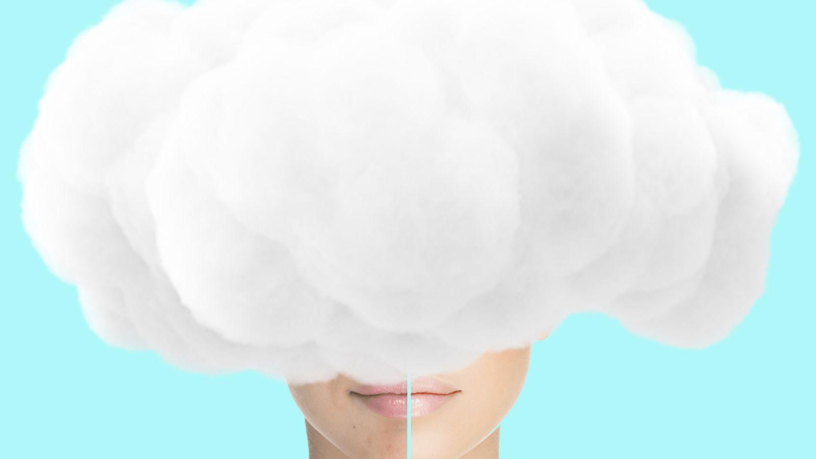 living with an underactive thyroid brain fog. Image of woman with cotton wool for a brain