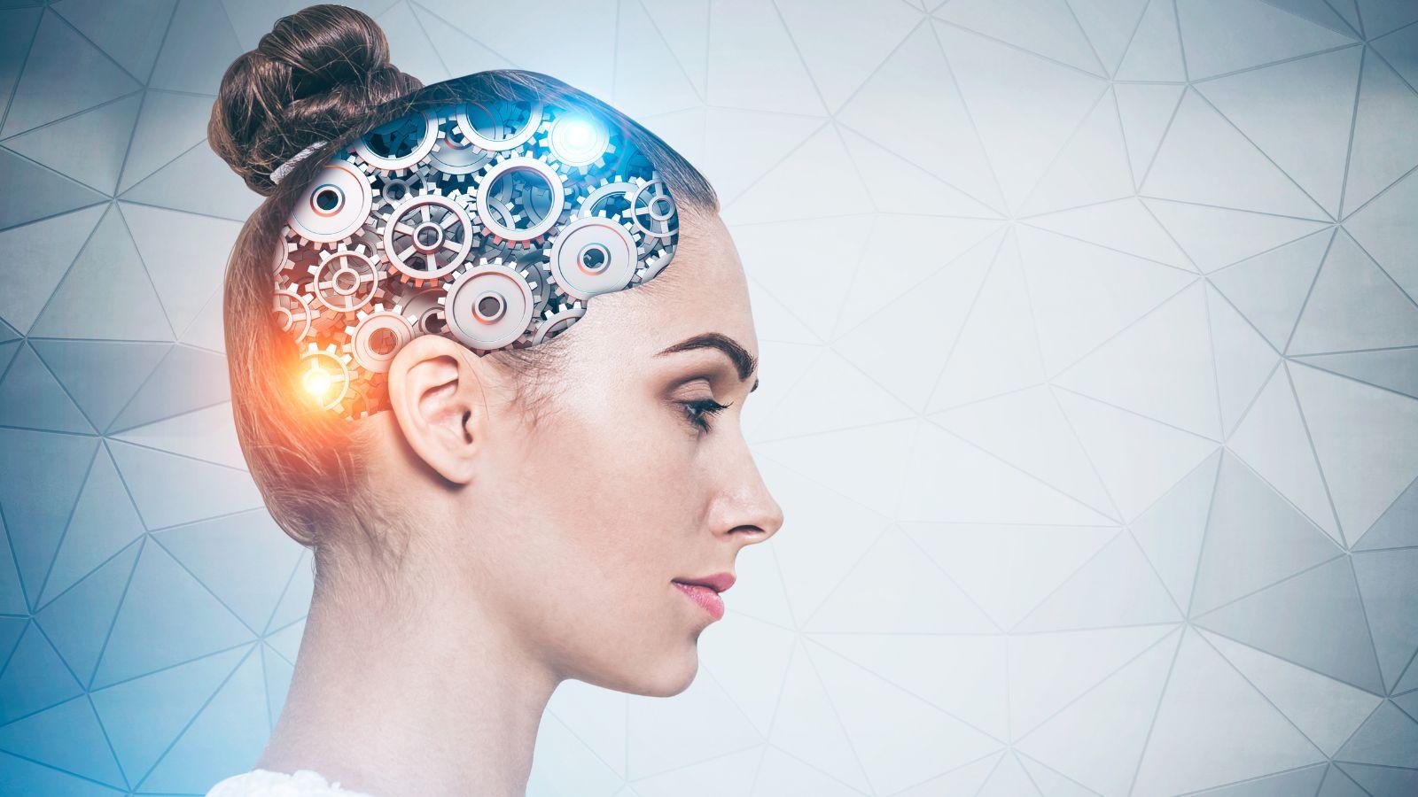 what helps menopausal brain fog. Image of woman with hair in a bun with a bright light shining out of the back of her head and cogs in the front of her head, surrounded by clouds