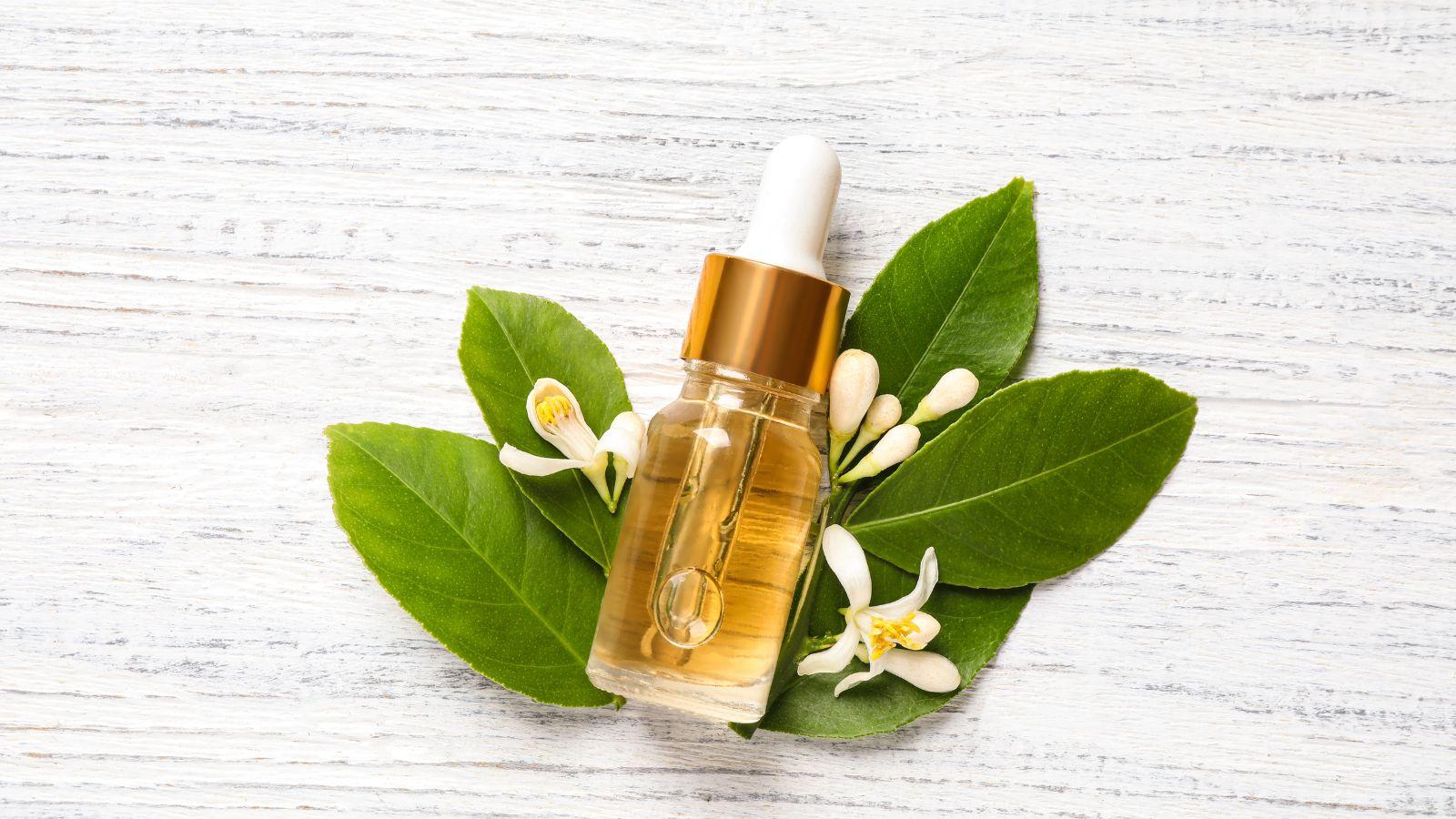 essential oils to aid sleep neroli. Image of a bottle of neroli essential oil on a neroli flower and leaf