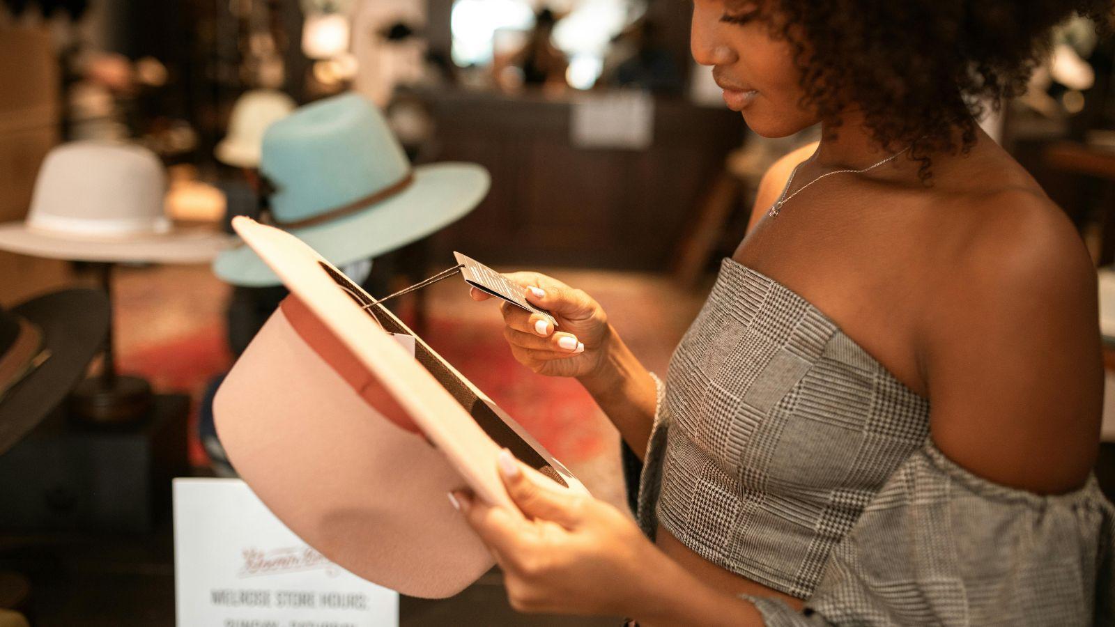 image of a woman looking at price tags on hats to illustrate being a goddess