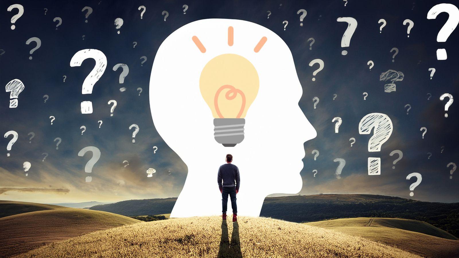 what if everything works out ok, image of white silouhette with lightbulb on a background of question marks with a man looking at it to illustrate what if everything works out ok