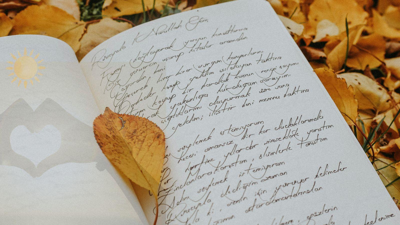 creative image of a book of poety with leaves in the background and a love heart