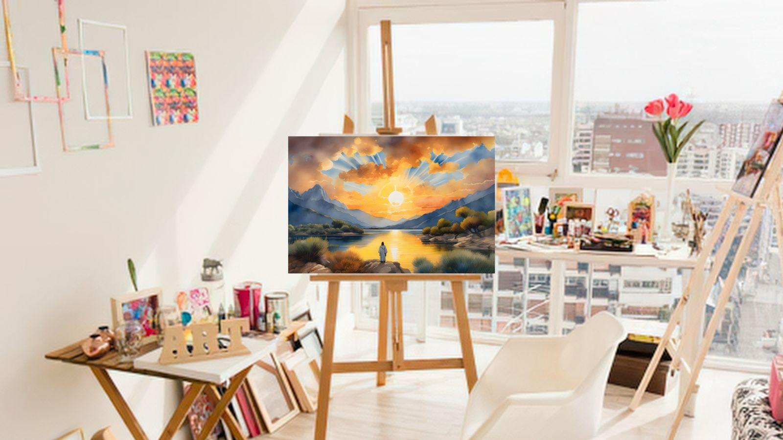 creative image of an art studio in a bright and airy room with a painting of a sunset on the easel