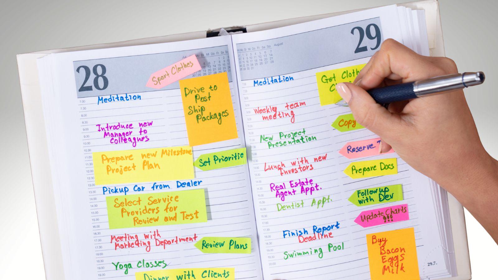 Sunday Reset Diary image of diary with colourful post notes and annotations to illustrate sunday reset