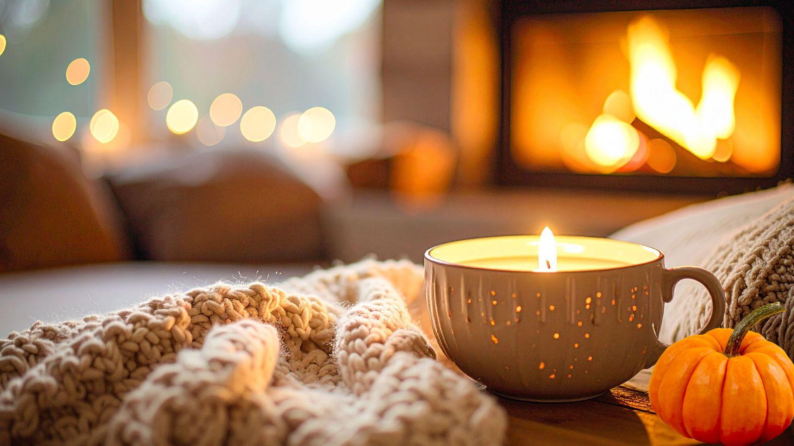 autumn reset hygge image of cosy autumnal scene with a candle and a fire and a pumpkin