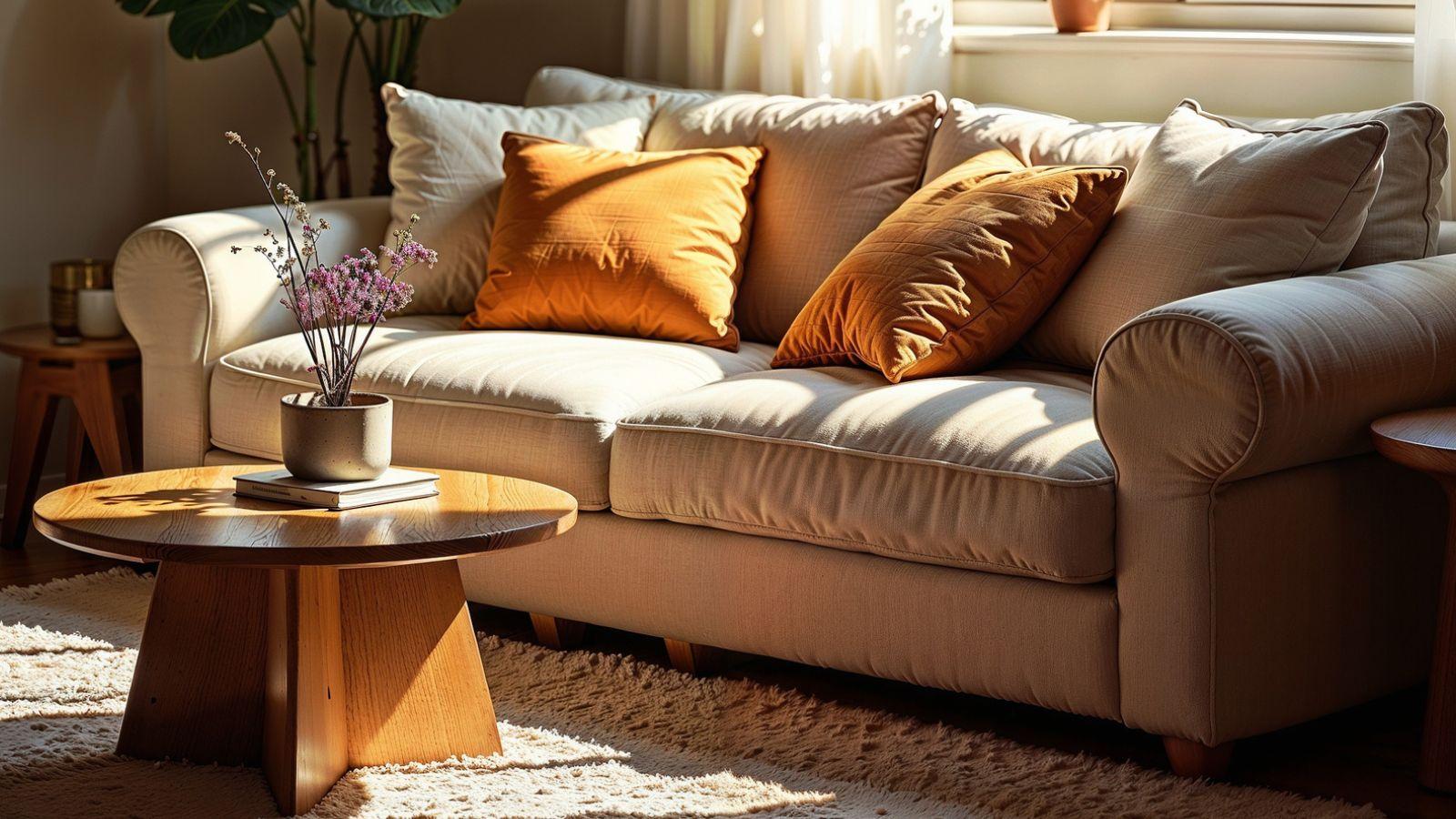 Raise your home's vibration by adding pops of colour. Image of sofa with pops of colour from orange cushions